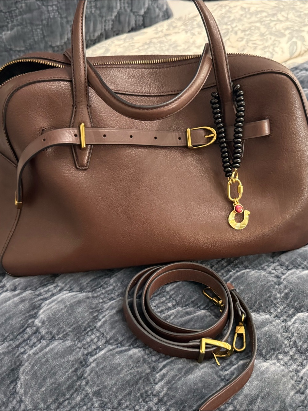 Madewell Brown Belted Leather Satchel with Gold Hardware, comes with bag charm